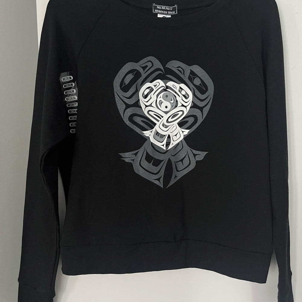 Black and Gray Crew Neck Sweater with Indigenous Graphic Designs